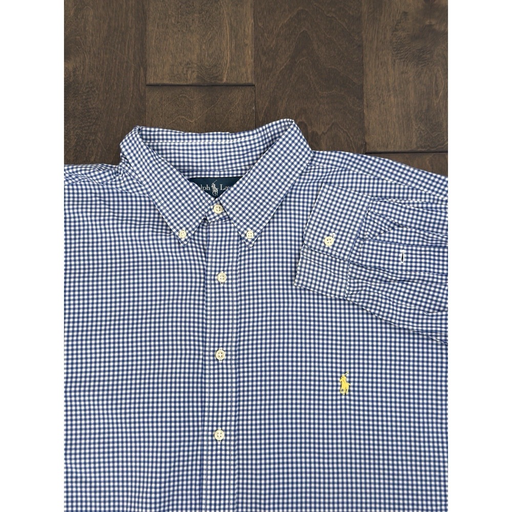 Ralph Lauren Mens Blue Check Gingham Button Down Long Sleeve Shirt Size 3XB Pony